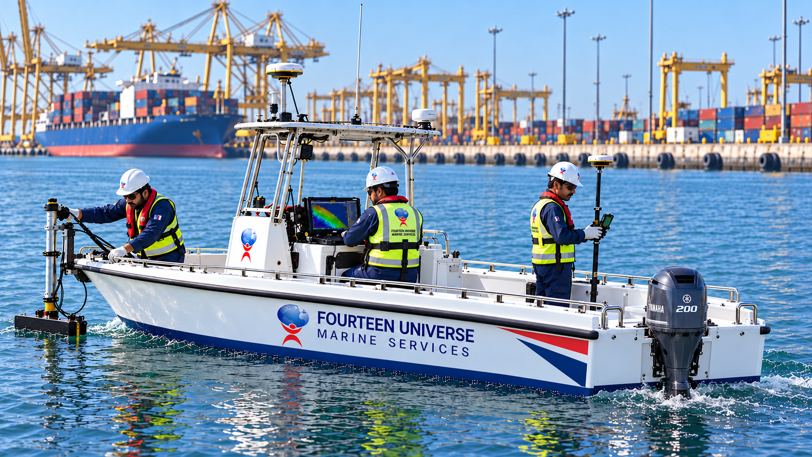 FUMS bathymetric survey boat with centered aft outboard engine and survey crew